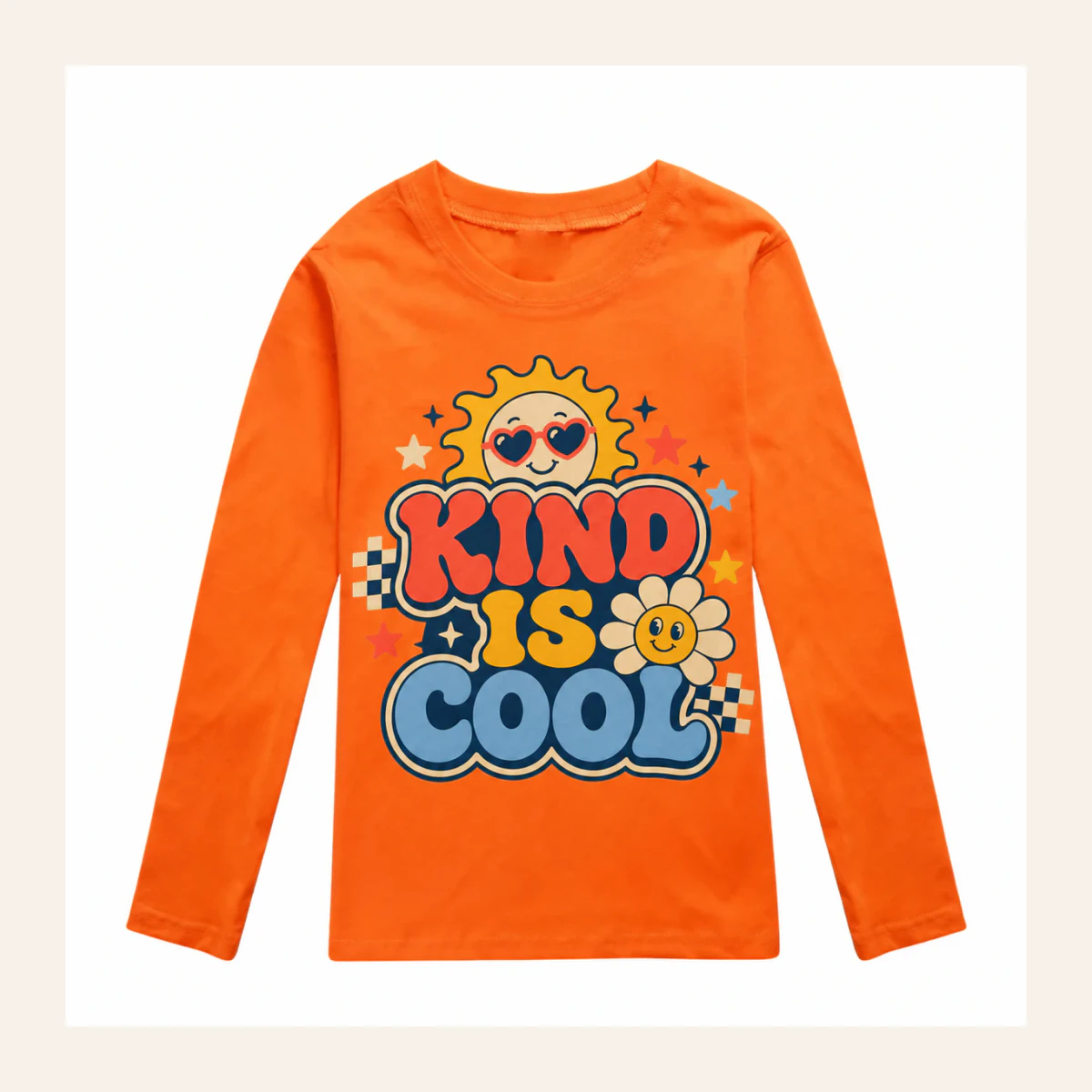 Kind Is Cool Custom Kids Long-Sleeve T-Shirt AI-rendered from the exact blank product, shown in an alternate clean ecommerce presentation