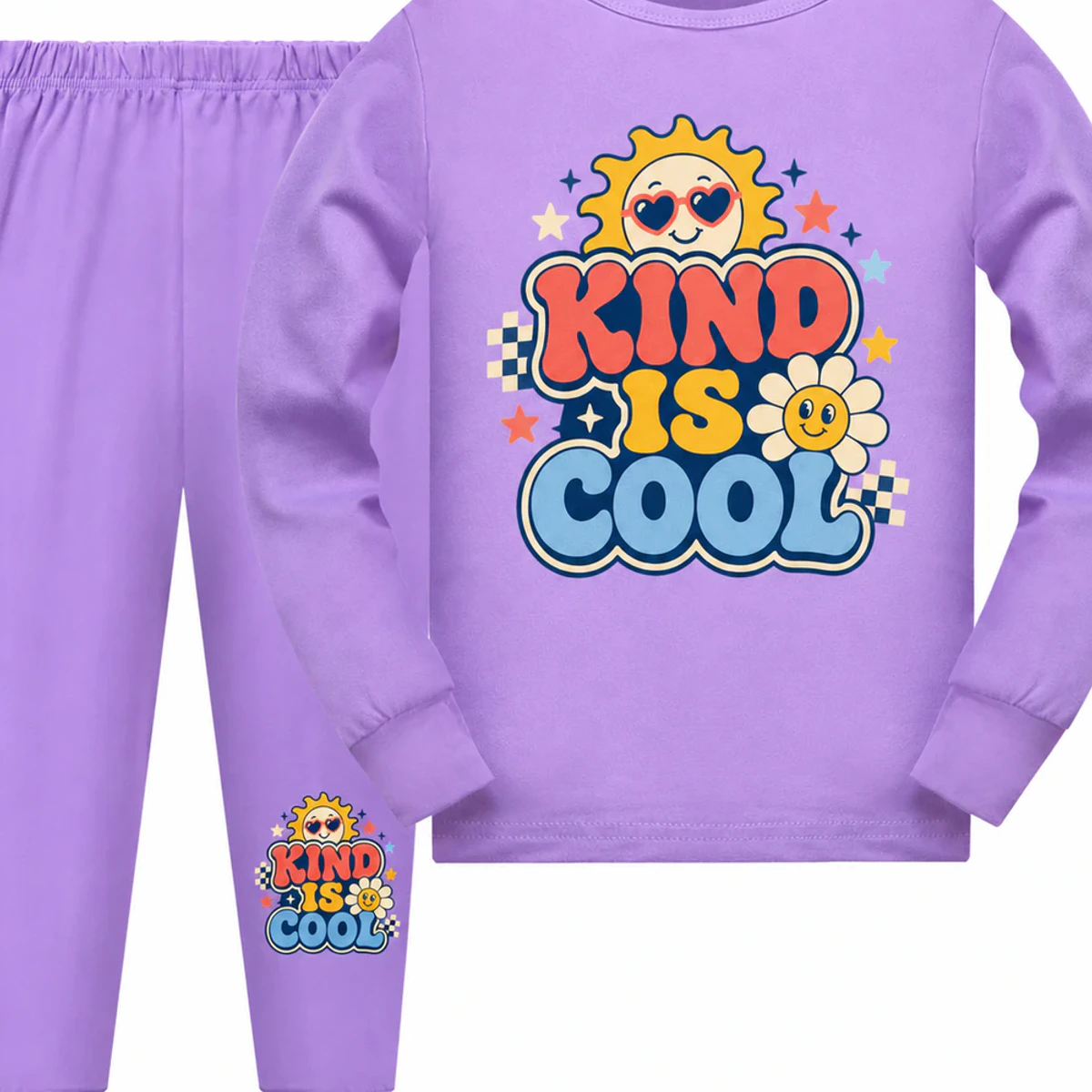 Kind Is Cool Custom Kids Long-Sleeve Top and Pants Set AI-rendered from the exact blank product, showing integrated print and fabric detail