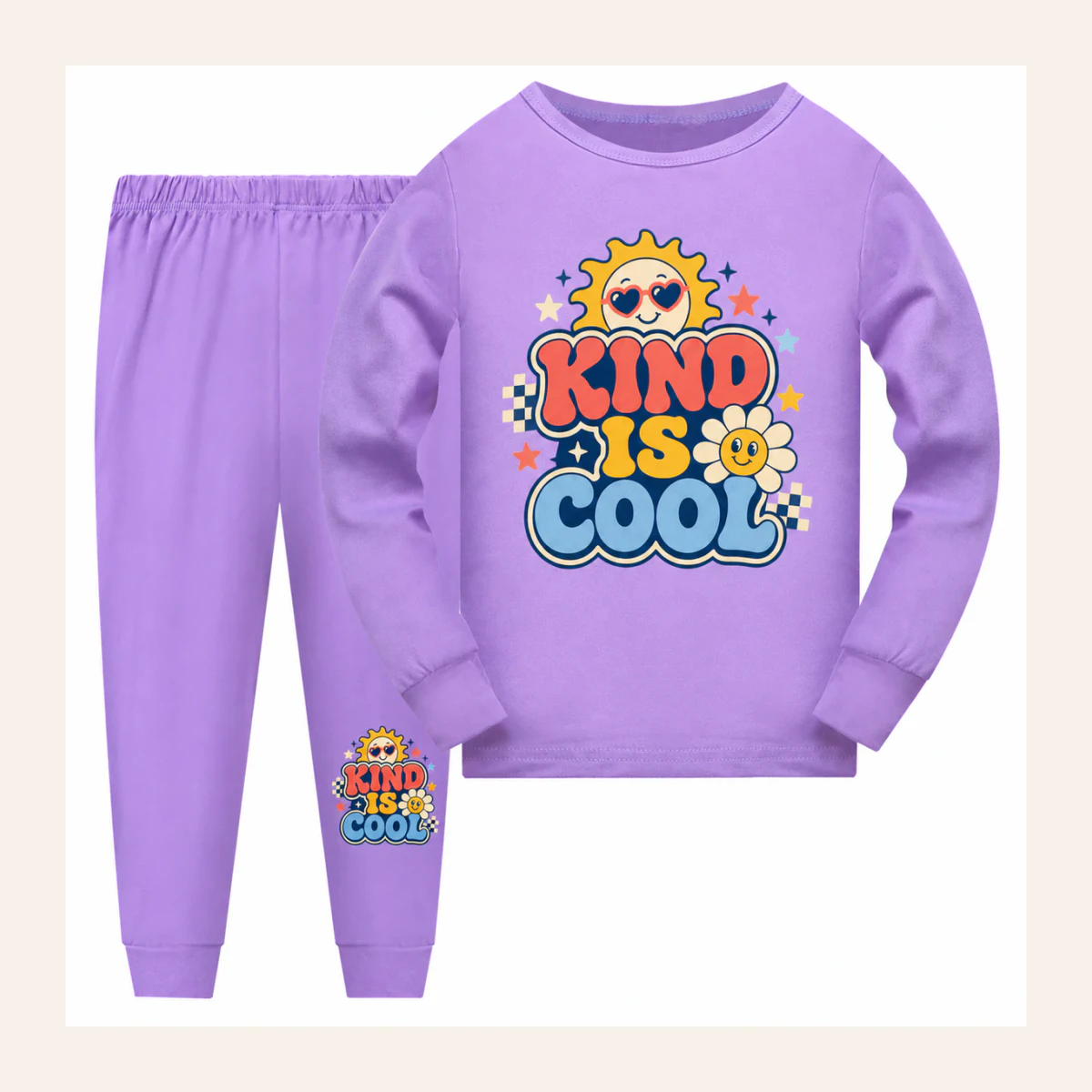 Kind Is Cool Custom Kids Long-Sleeve Top and Pants Set AI-rendered from the exact blank product, shown in an alternate clean ecommerce presentation