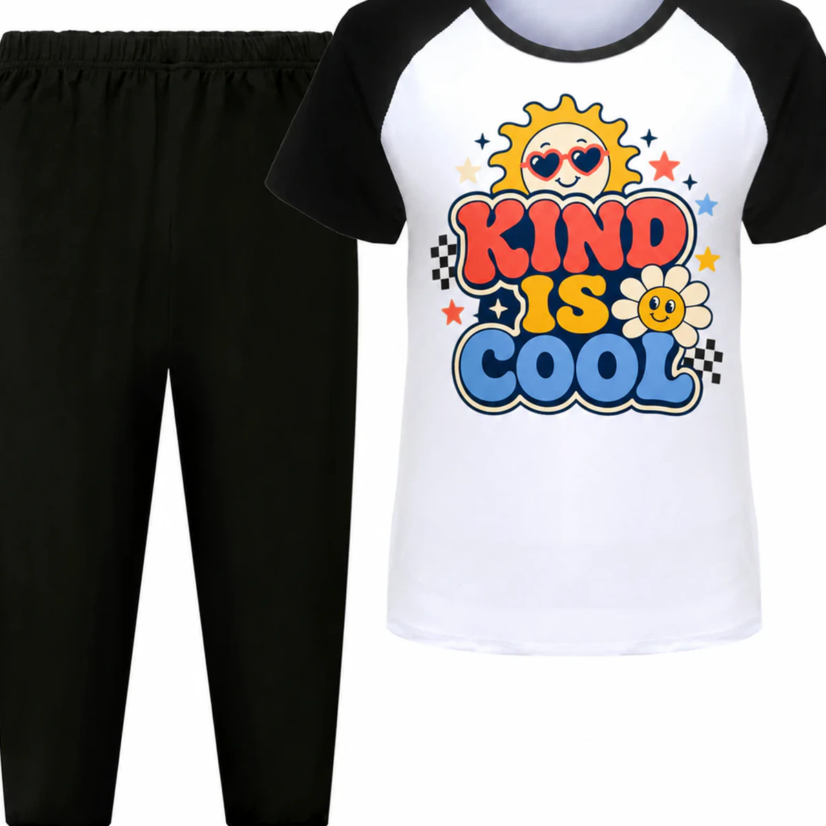 Kind Is Cool Custom Kids Short-Sleeve Top and Long Pants Sports Set AI-rendered from the exact blank product, showing integrated print and fabric detail
