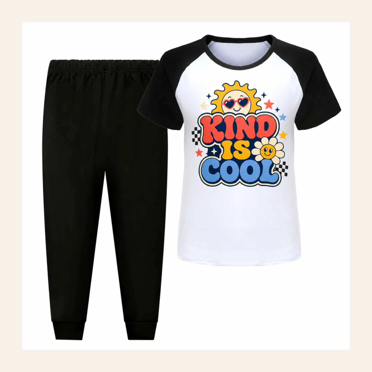 Kind Is Cool Custom Kids Short-Sleeve Top and Long Pants Sports Set AI-rendered from the exact blank product, shown in an alternate clean ecommerce presentation