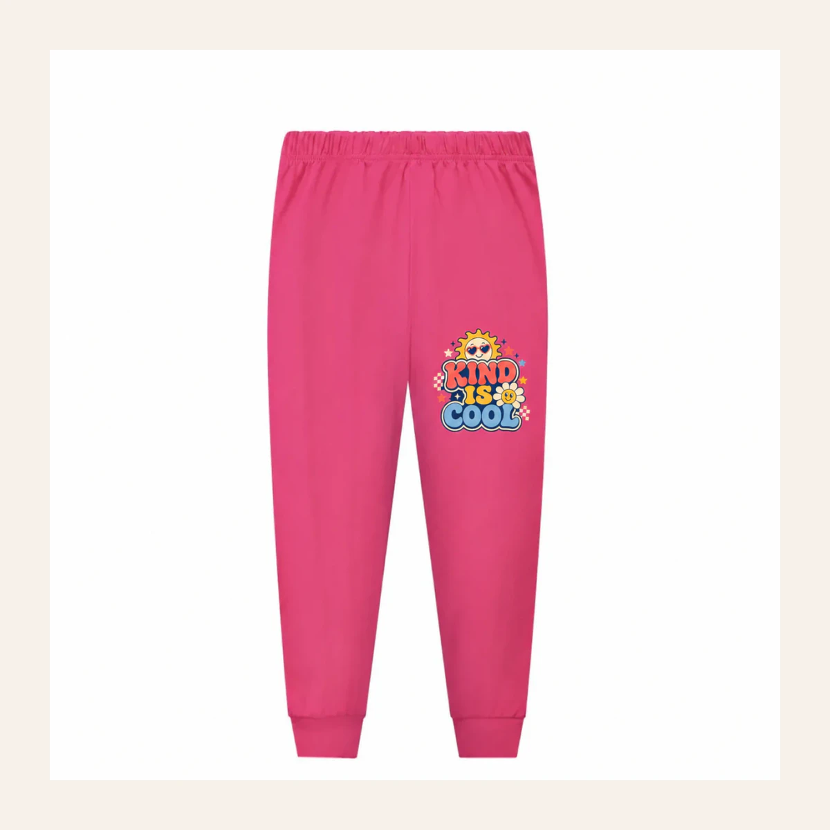 Kind Is Cool Custom Kids Long Pajama Pants — Pants Only AI-rendered from the exact blank product, shown in an alternate clean ecommerce presentation