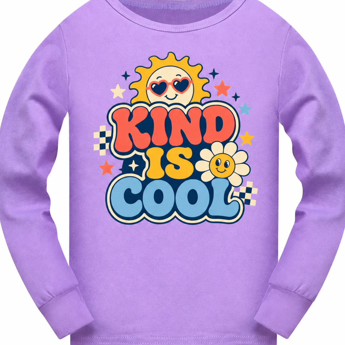 Kind Is Cool Custom Kids Long-Sleeve Pajama Top AI-rendered from the exact blank product, showing integrated print and fabric detail