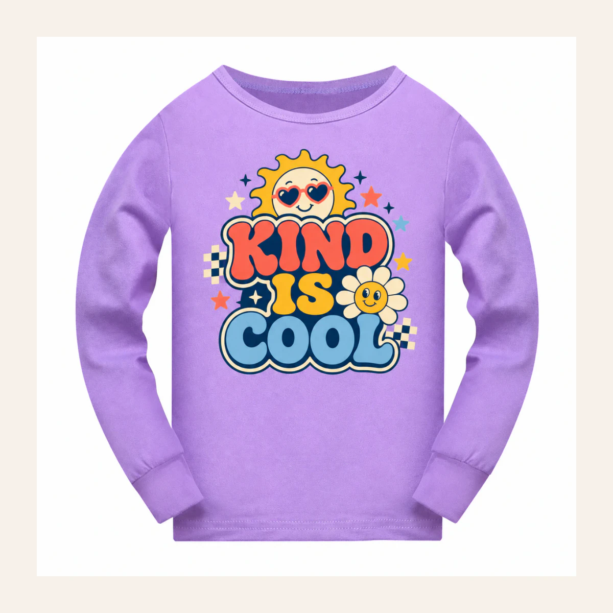 Kind Is Cool Custom Kids Long-Sleeve Pajama Top AI-rendered from the exact blank product, shown in an alternate clean ecommerce presentation