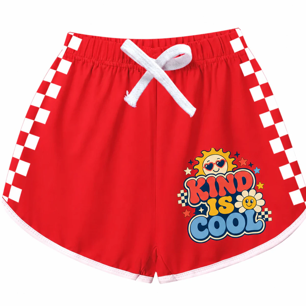 Kind Is Cool Custom Kids Checker-Stripe Pajama Shorts AI-rendered from the exact blank product, showing integrated print and fabric detail