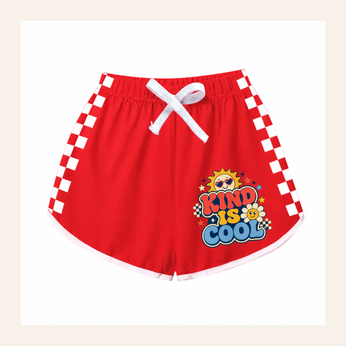 Kind Is Cool Custom Kids Checker-Stripe Pajama Shorts AI-rendered from the exact blank product, shown in an alternate clean ecommerce presentation