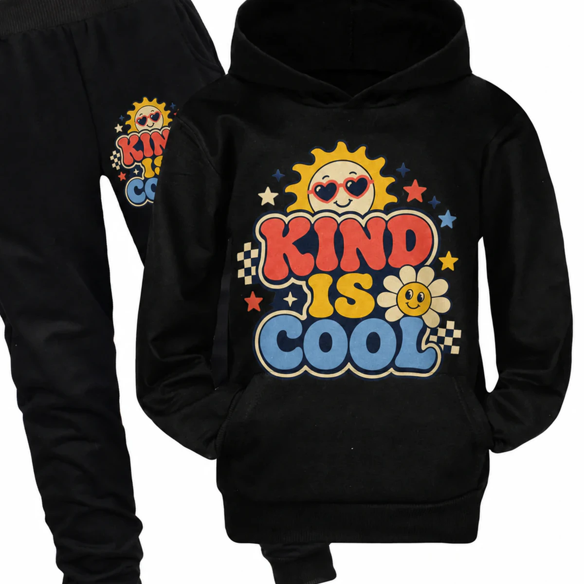 Kind Is Cool Custom Kids Pullover Hoodie and Jogger Set AI-rendered from the exact blank product, showing integrated print and fabric detail