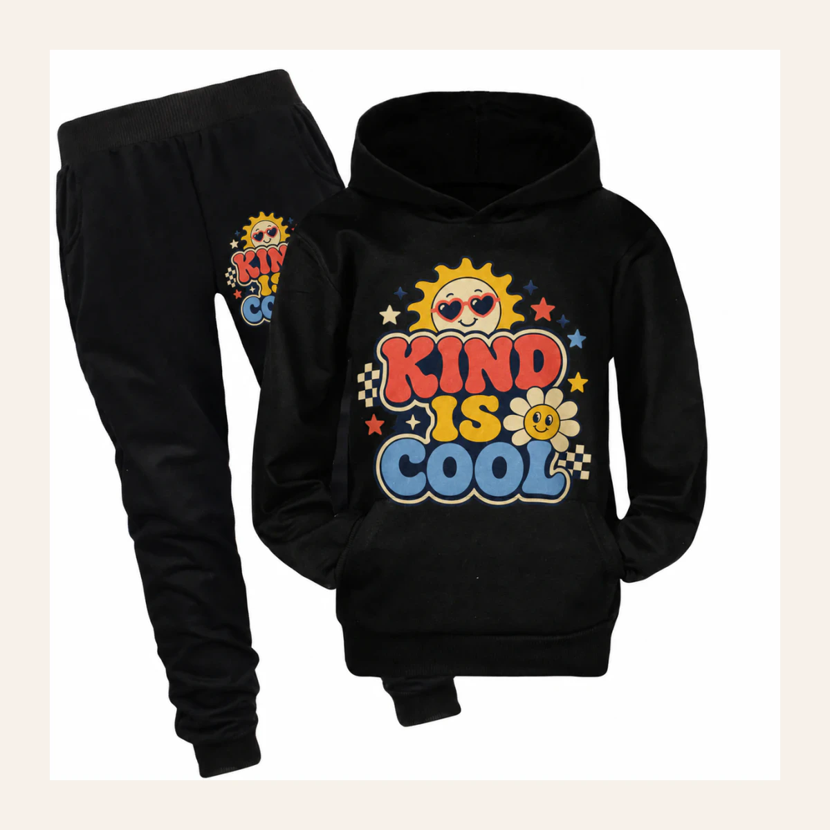 Kind Is Cool Custom Kids Pullover Hoodie and Jogger Set AI-rendered from the exact blank product, shown in an alternate clean ecommerce presentation