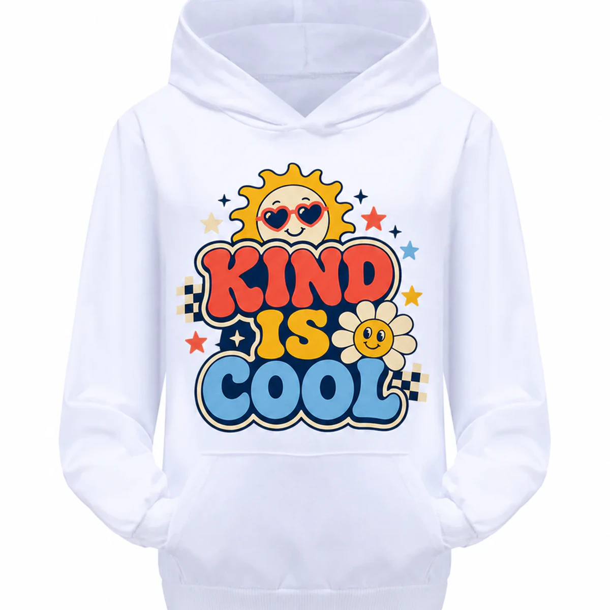 Kind Is Cool Custom Kids Pullover Hoodie AI-rendered from the exact blank product, showing integrated print and fabric detail