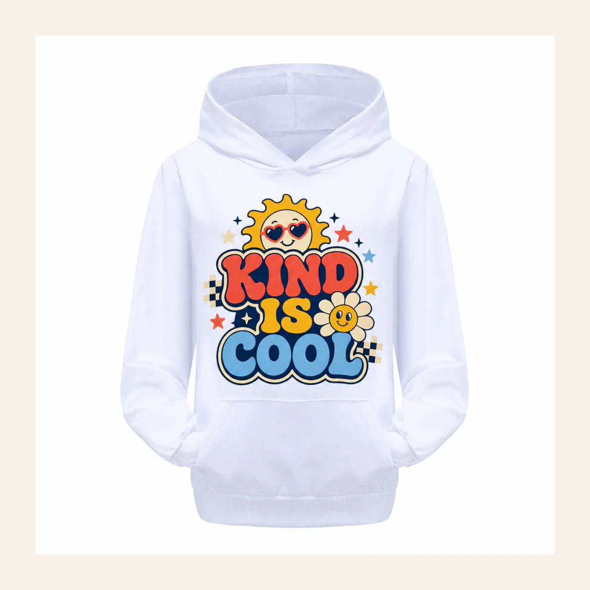 Kind Is Cool Custom Kids Pullover Hoodie AI-rendered from the exact blank product, shown in an alternate clean ecommerce presentation