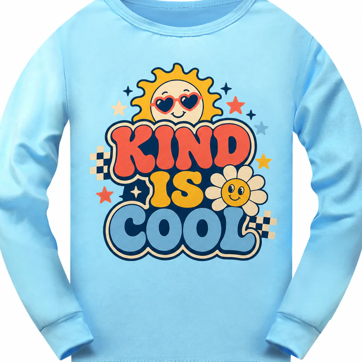 Kind Is Cool Custom Kids Soft Long-Sleeve Top AI-rendered from the exact blank product, showing integrated print and fabric detail