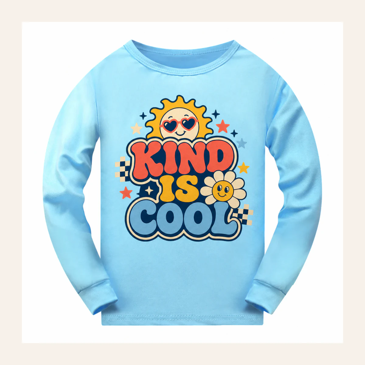 Kind Is Cool Custom Kids Soft Long-Sleeve Top AI-rendered from the exact blank product, shown in an alternate clean ecommerce presentation