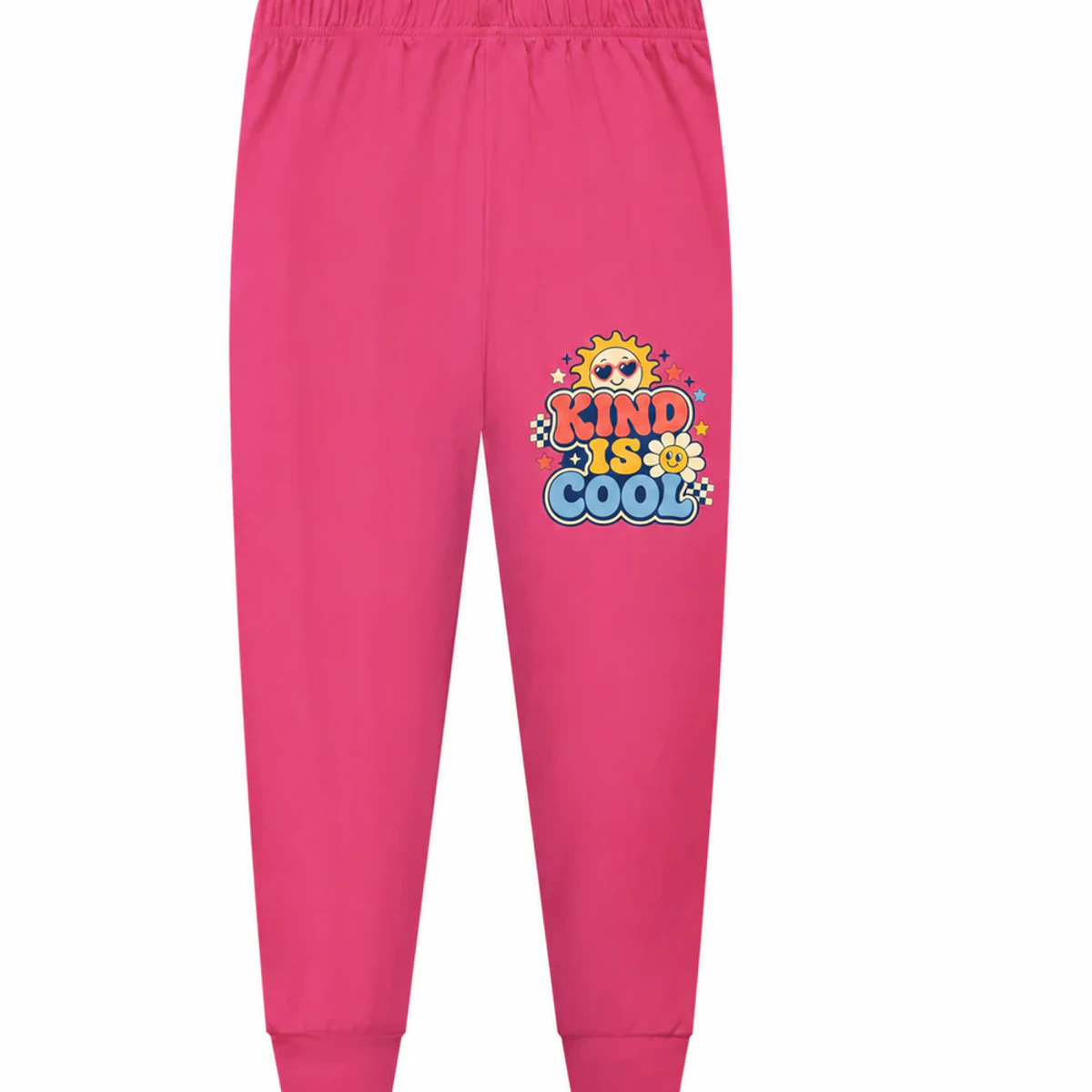 Kind Is Cool Custom Kids Soft Pajama Pants AI-rendered from the exact blank product, showing integrated print and fabric detail