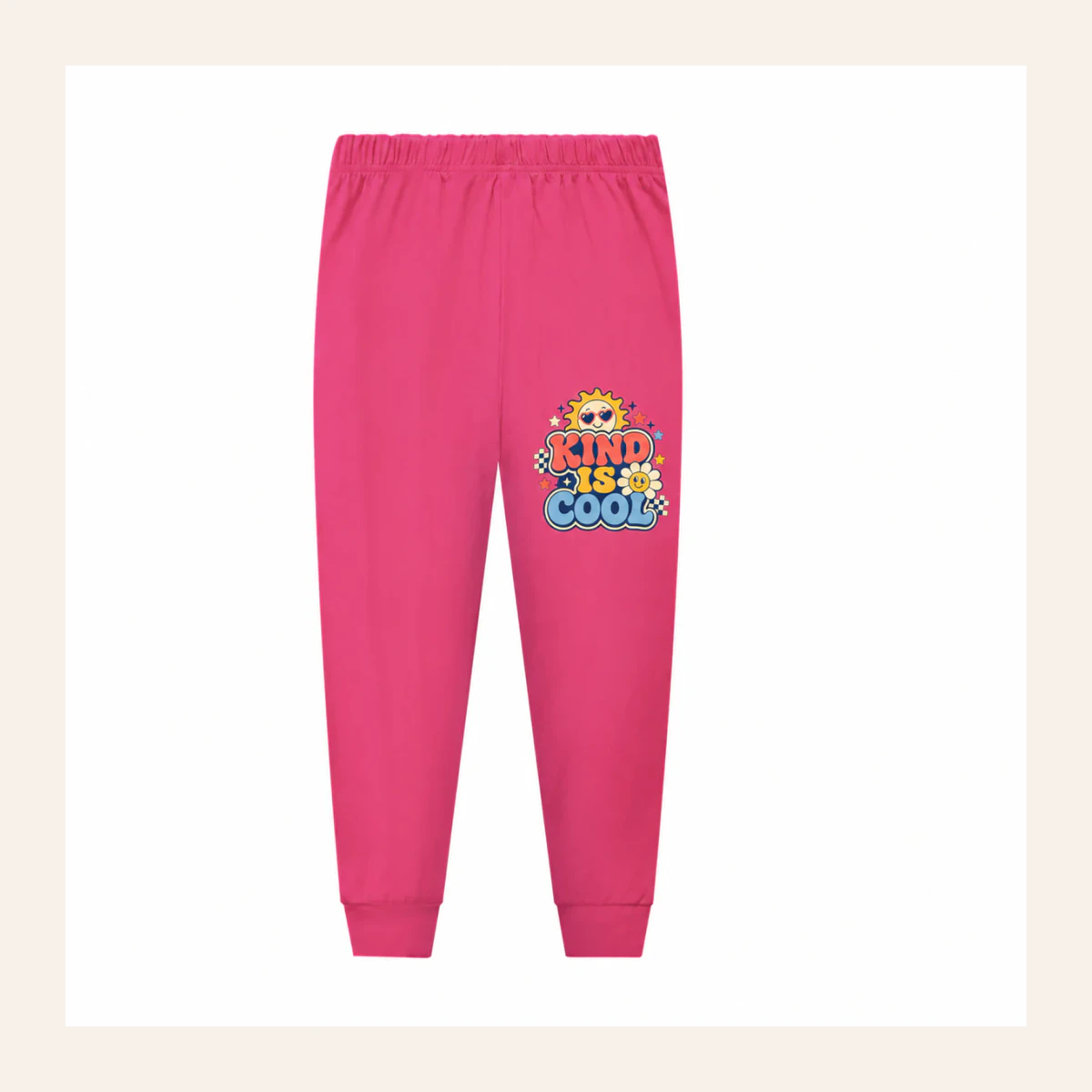 Kind Is Cool Custom Kids Soft Pajama Pants AI-rendered from the exact blank product, shown in an alternate clean ecommerce presentation