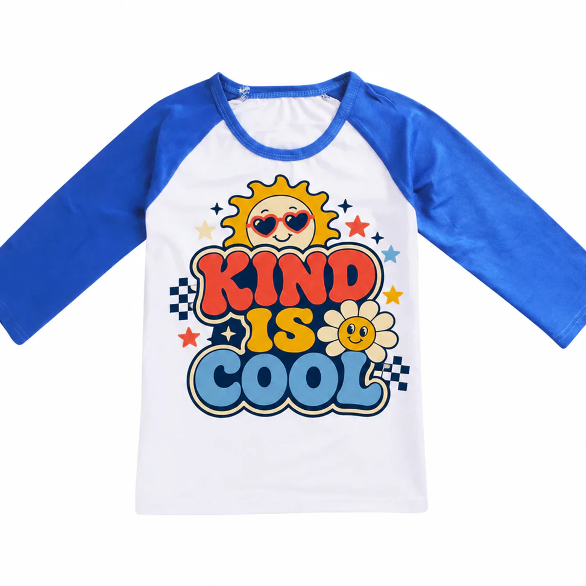 Kind Is Cool Custom Kids Soft Three-Quarter-Sleeve Top — Alternate Style AI-rendered from the exact blank product, showing integrated print and fabric detail