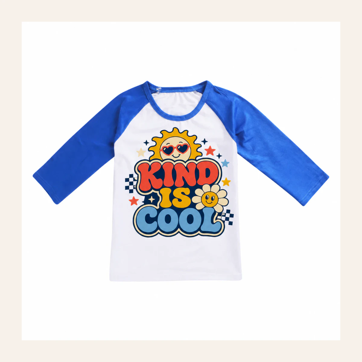 Kind Is Cool Custom Kids Soft Three-Quarter-Sleeve Top — Alternate Style AI-rendered from the exact blank product, shown in an alternate clean ecommerce presentation