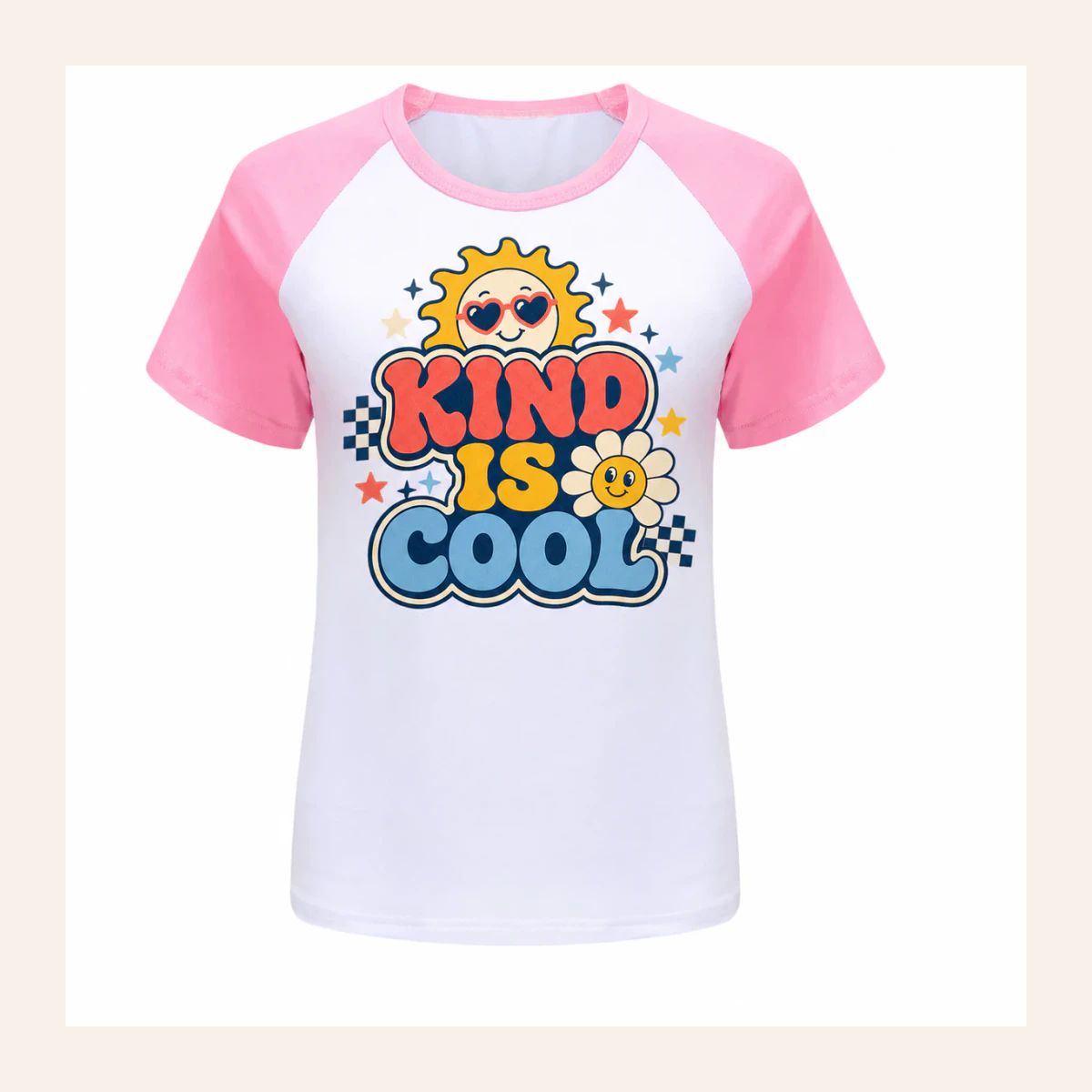 Kind Is Cool Custom Kids Soft Short-Sleeve Top AI-rendered from the exact blank product, shown in an alternate clean ecommerce presentation