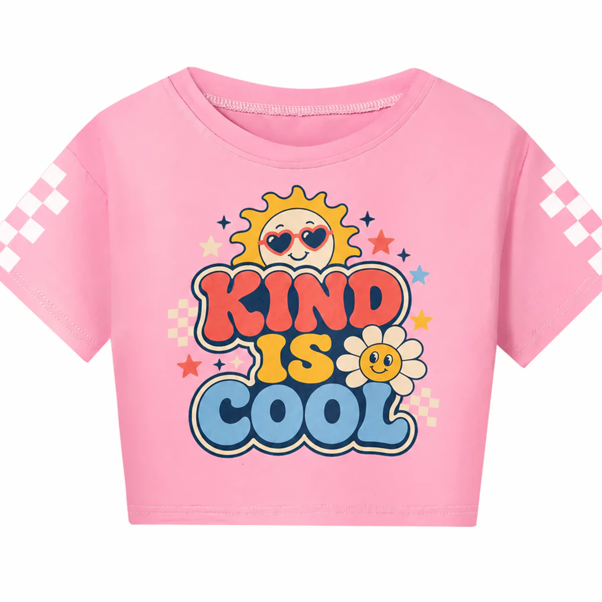Kind Is Cool Custom Kids Checker-Sleeve Cropped Short-Sleeve Top AI-rendered from the exact blank product, showing integrated print and fabric detail