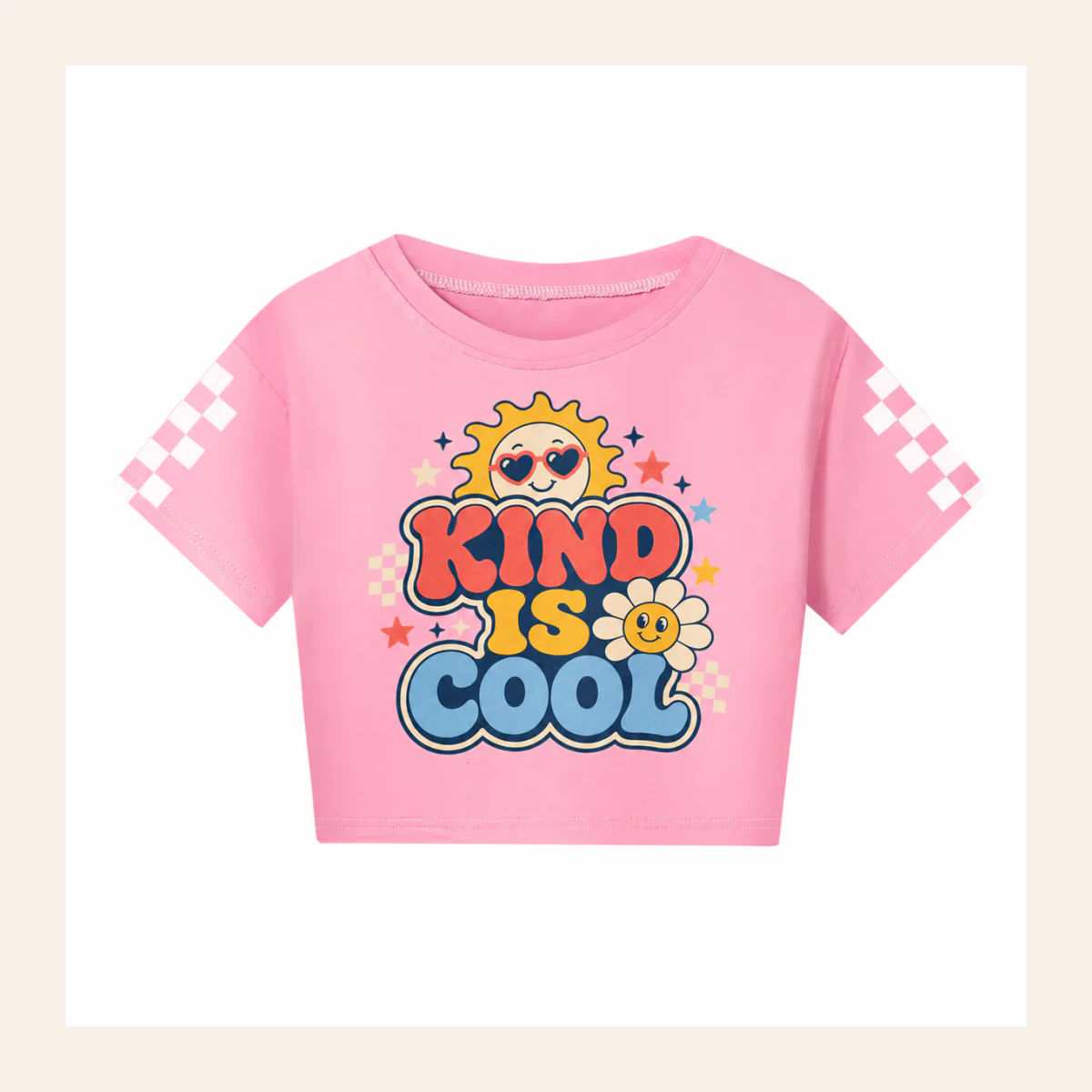 Kind Is Cool Custom Kids Checker-Sleeve Cropped Short-Sleeve Top AI-rendered from the exact blank product, shown in an alternate clean ecommerce presentation