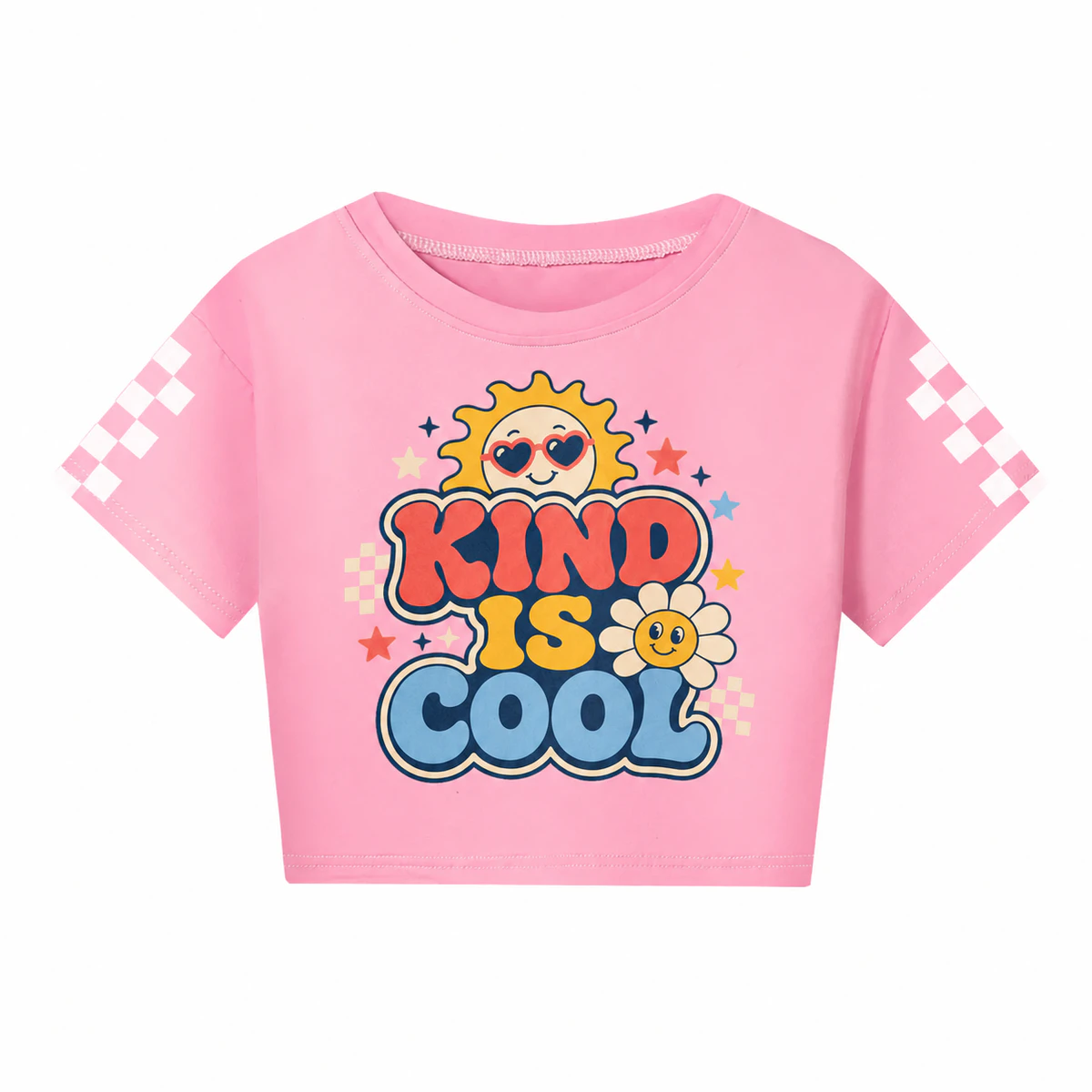 Kind Is Cool Checker-Sleeve Cropped Short-Sleeve Top for Kids product preview