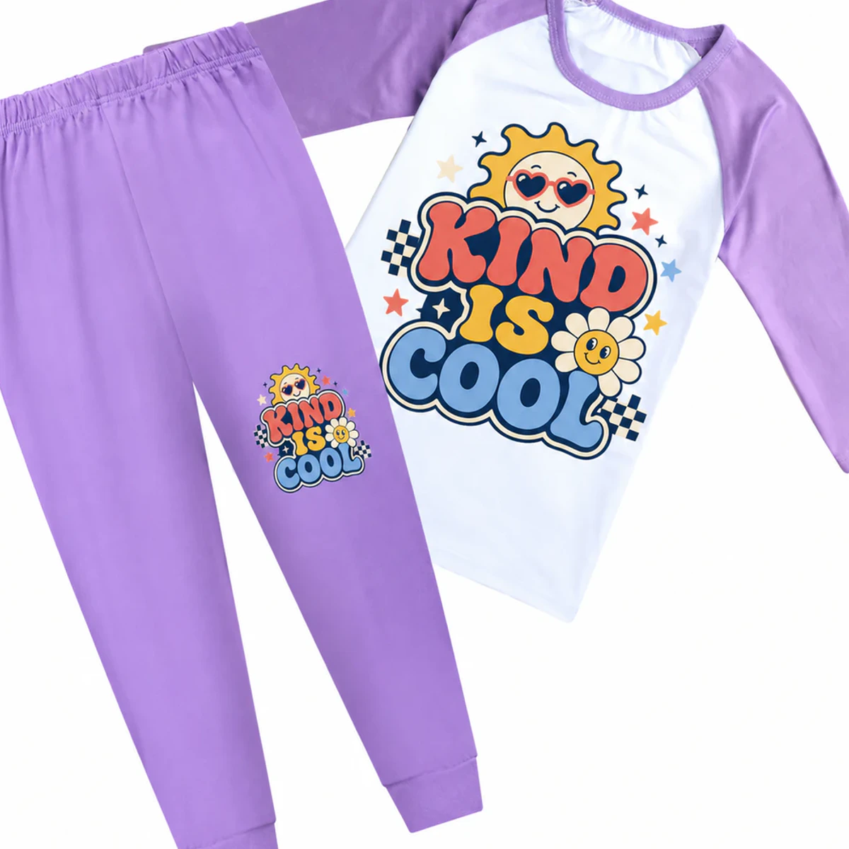 Kind Is Cool Custom Kids Three-Quarter-Sleeve Raglan Top & Pants Set AI-rendered from the exact blank product, showing integrated print and fabric detail