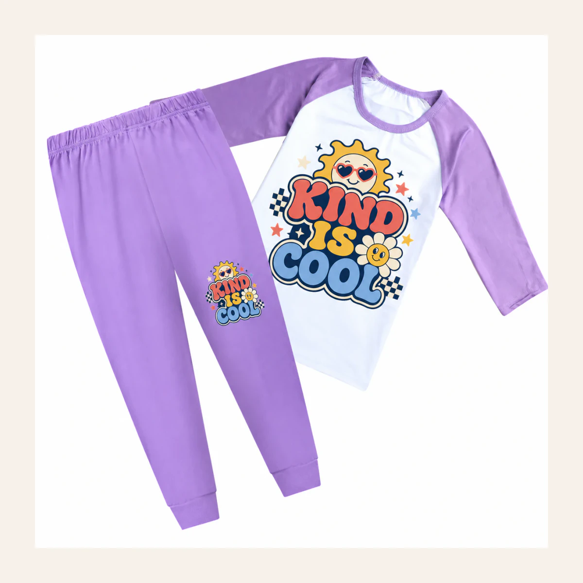 Kind Is Cool Custom Kids Three-Quarter-Sleeve Raglan Top & Pants Set AI-rendered from the exact blank product, shown in an alternate clean ecommerce presentation