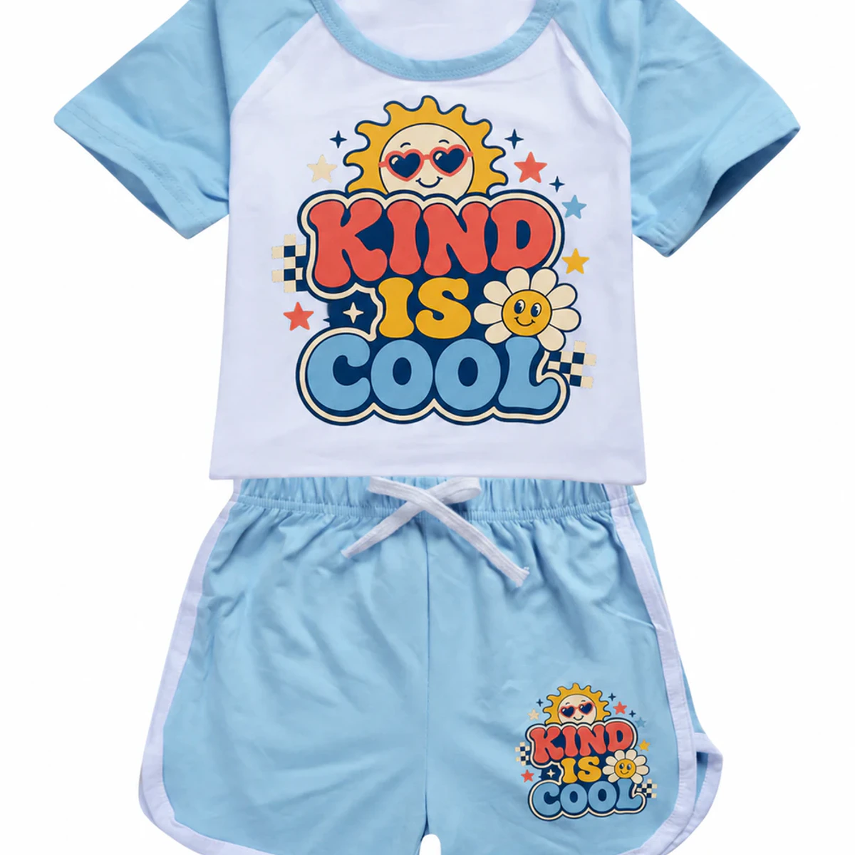 Kind Is Cool Custom Kids Summer Sports Set AI-rendered from the exact blank product, showing integrated print and fabric detail