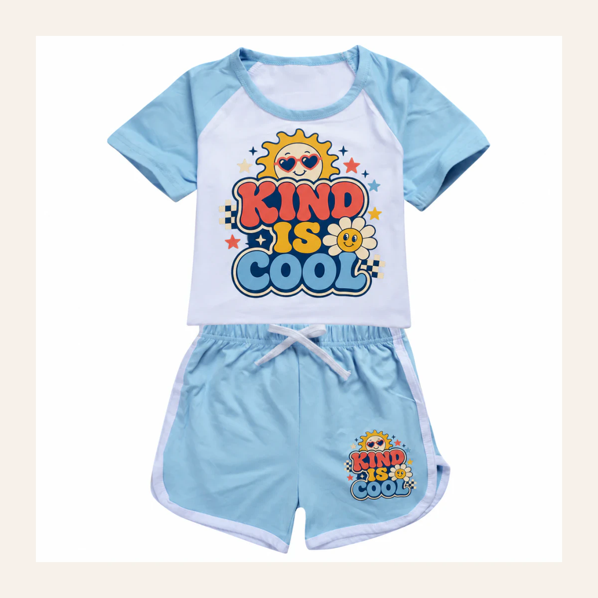 Kind Is Cool Custom Kids Summer Sports Set AI-rendered from the exact blank product, shown in an alternate clean ecommerce presentation