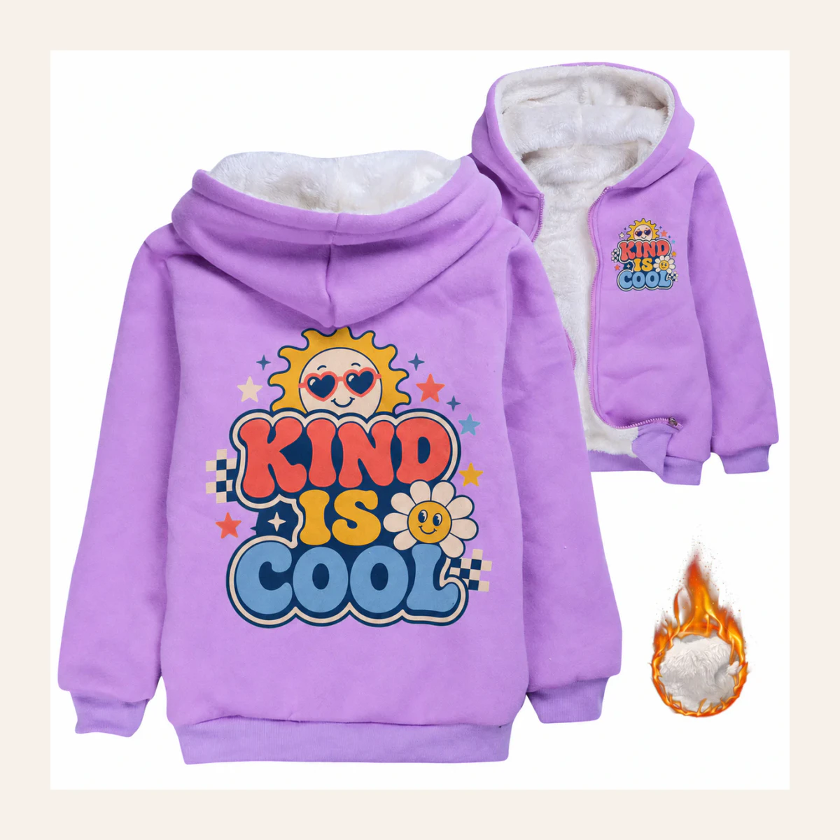 Kind Is Cool Custom Kids Thick Zip Winter Jacket AI-rendered from the exact blank product, shown in an alternate clean ecommerce presentation