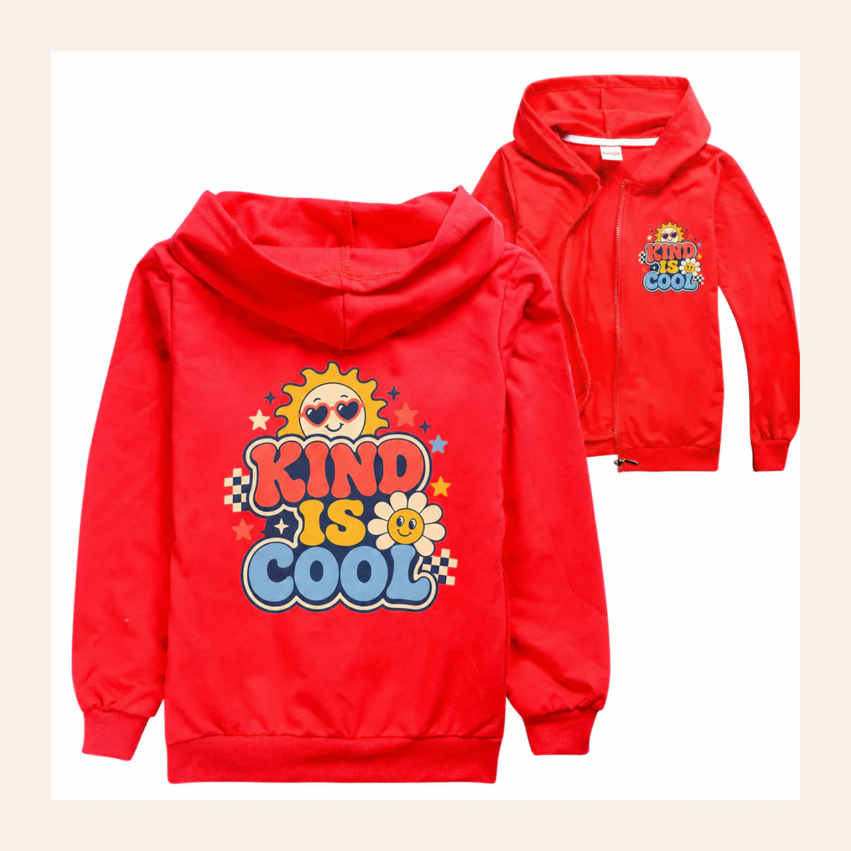 Kind Is Cool Custom Kids Zip-Up Cardigan Jacket AI-rendered from the exact blank product, shown in an alternate clean ecommerce presentation