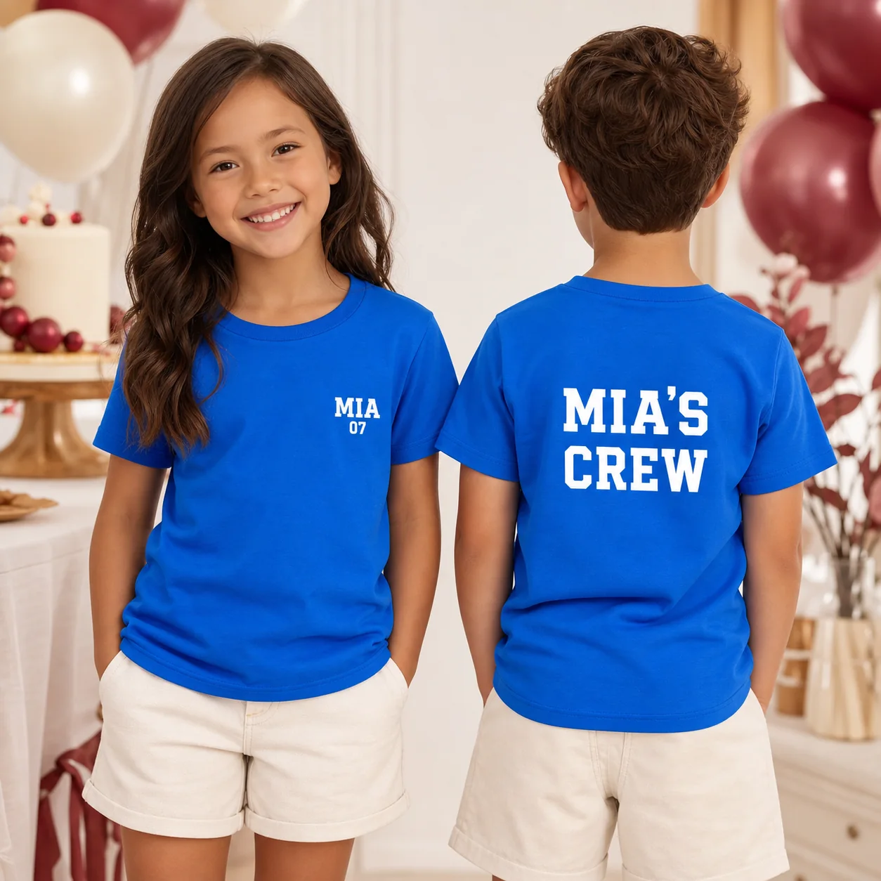 Birthday crew in coordinated personalized blue T-shirts