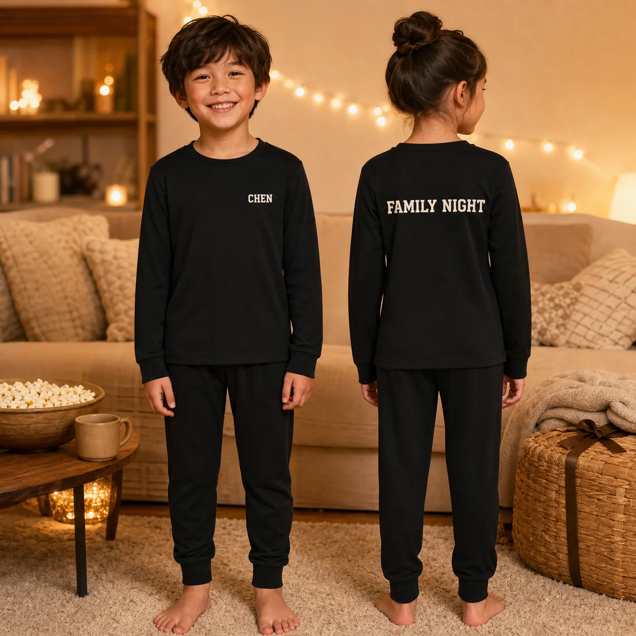 Design concept showing black matching pajamas with a small family name on the left chest and a larger family-night message on the upper back