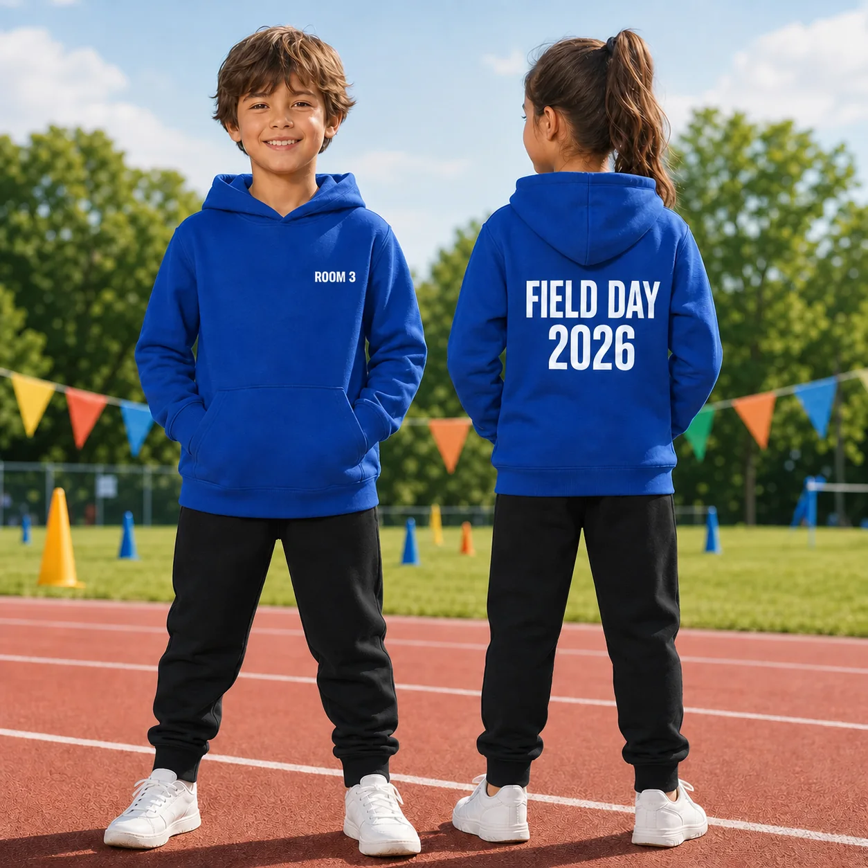 Design concept showing blue school hoodies with a small class mark on the left chest and a field day message centered on the upper back