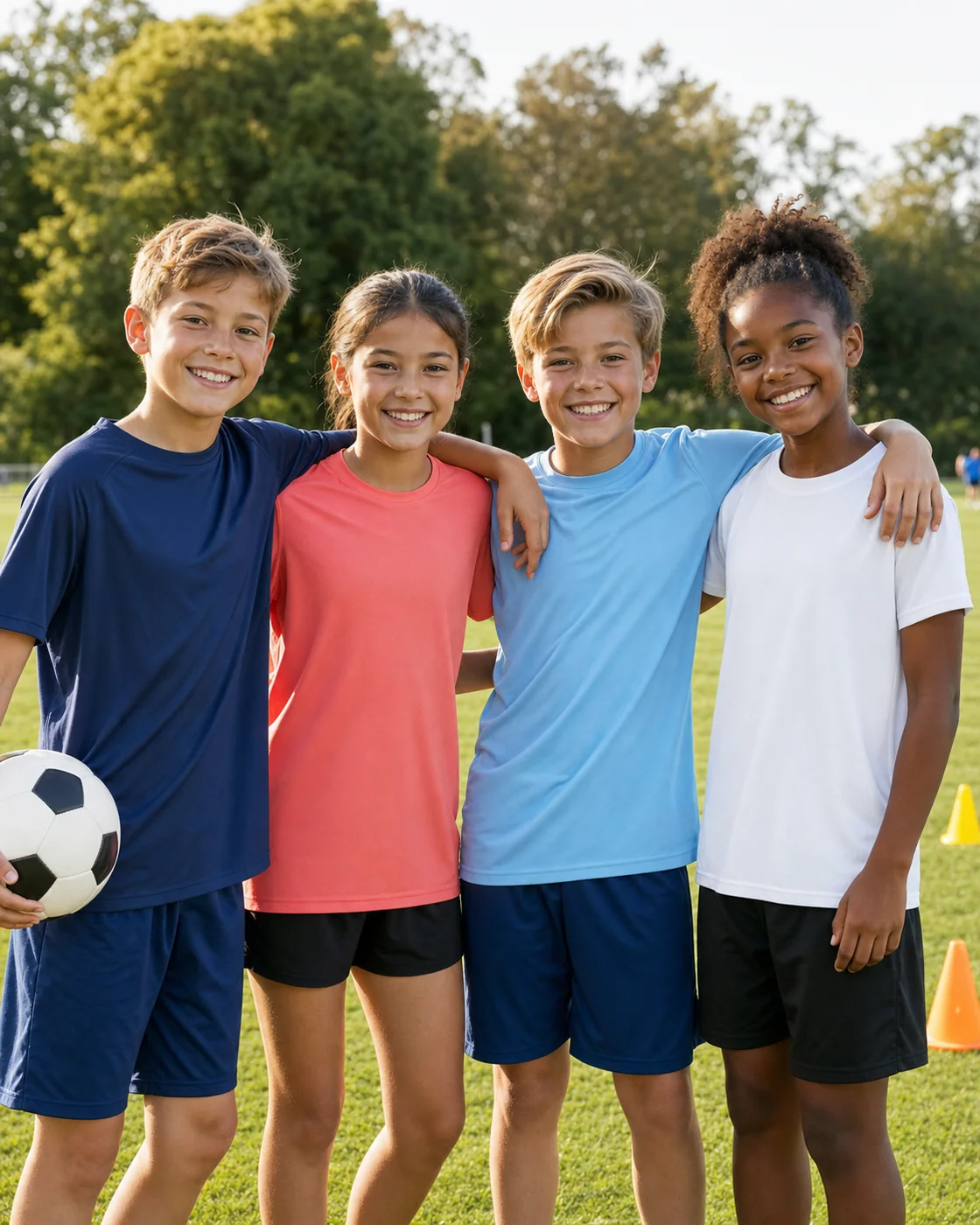 Kids in coordinated team apparel in an active group setting