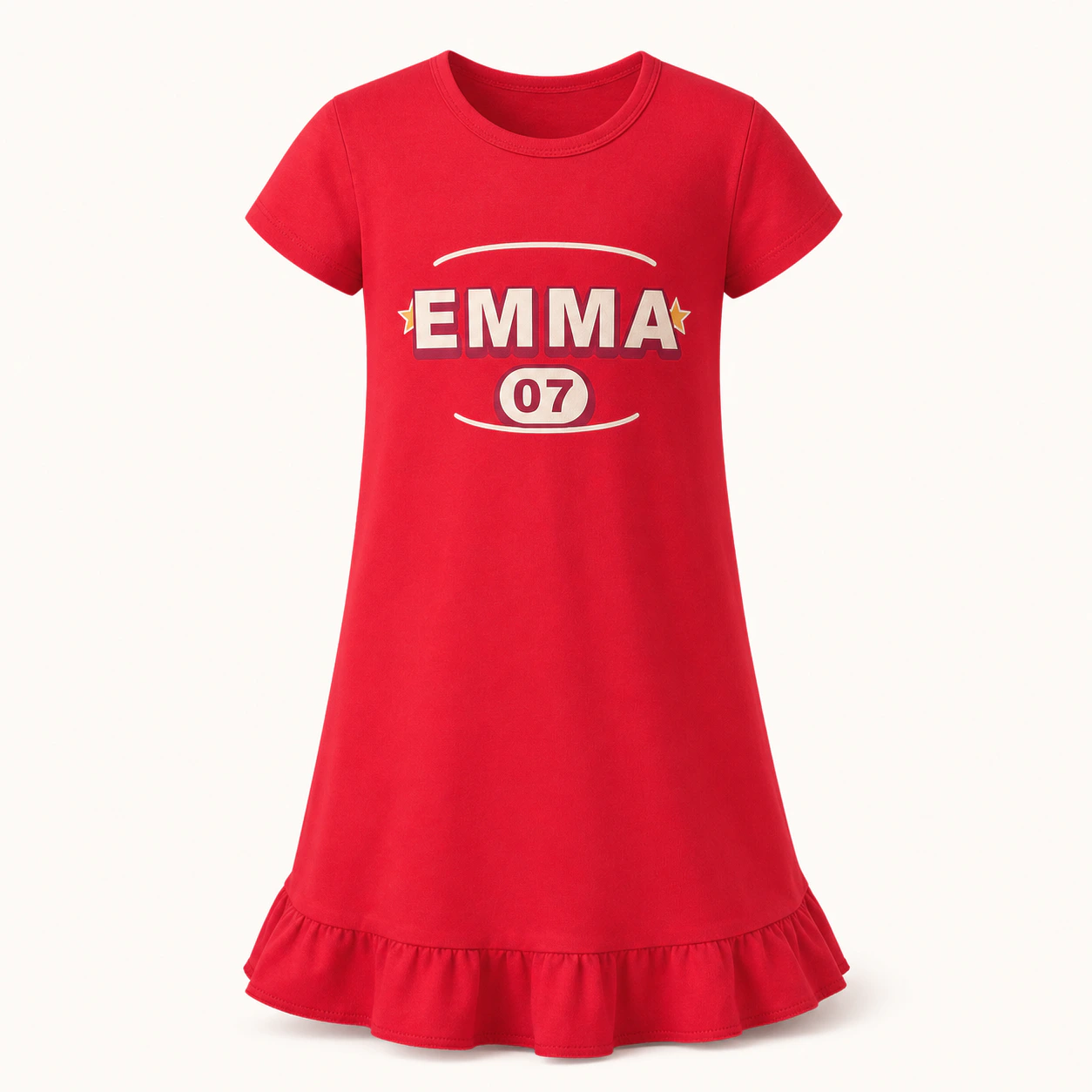AI-rendered red girls sleep dress with the EMMA 07 personalization artwork naturally printed on the fabric
