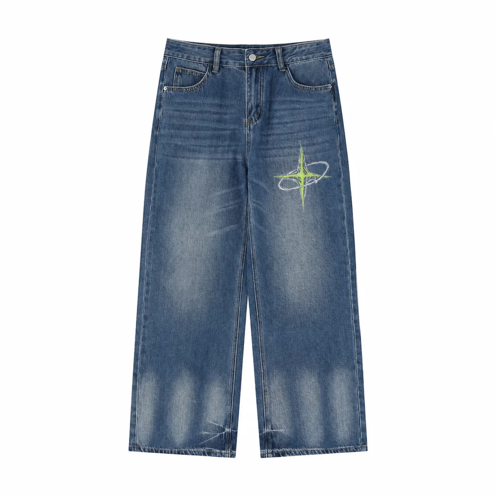 Faded blue wide-leg jeans · Private signal · Front