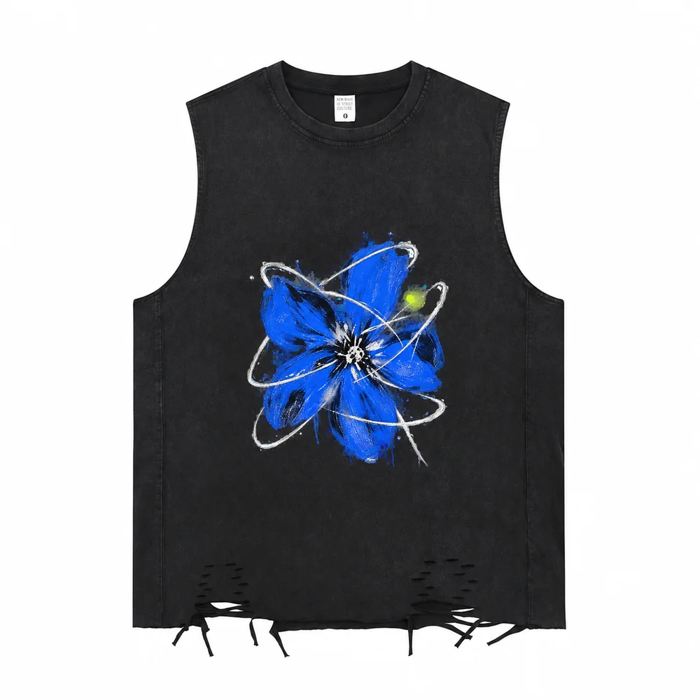 Distressed raw-hem sleeveless tee · A feeling worth keeping · Front