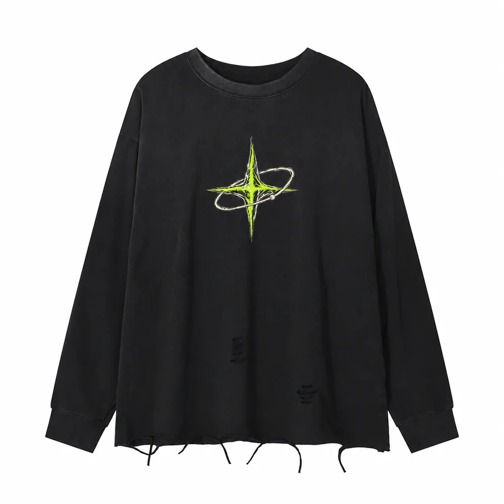Distressed raw-hem long-sleeve tee · Private signal · Front