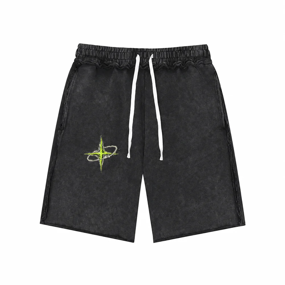 Washed raw-hem drawstring shorts · Private signal · Front