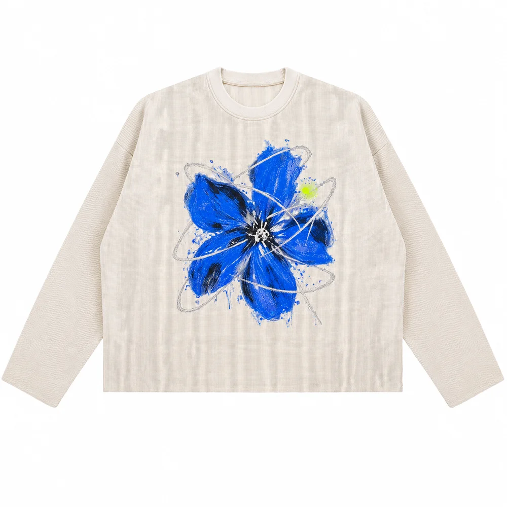 Raw-edge waffle long-sleeve tee · A feeling worth keeping · Front