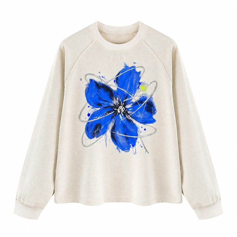 Washed waffle raglan long-sleeve tee · A feeling worth keeping · Front