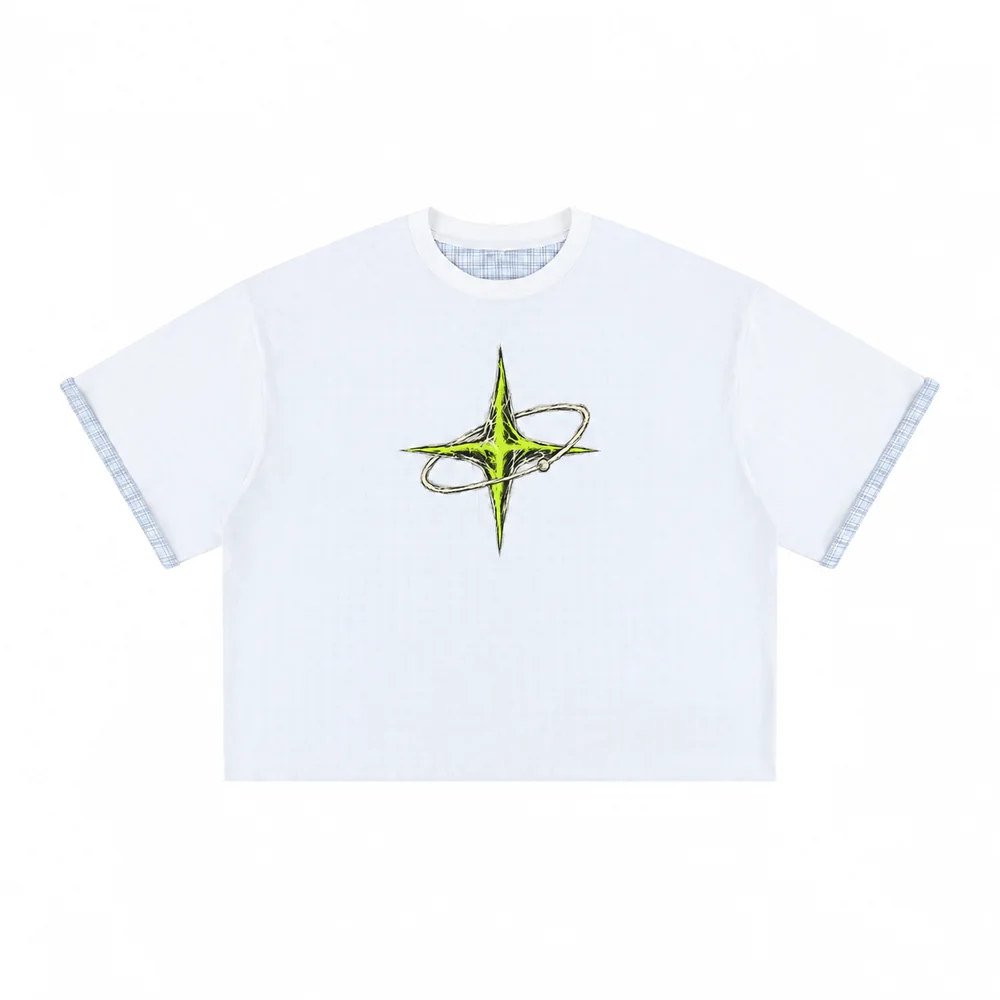 Plaid-trim relaxed crew-neck tee · Private signal · Front