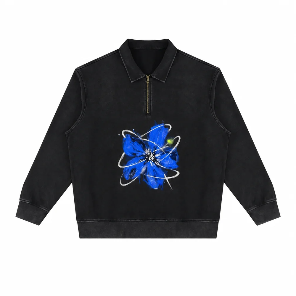 Zip-placket long-sleeve polo · A feeling worth keeping · Front