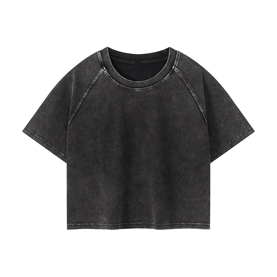 Cropped raglan crew-neck tee · 25008 · Black · Base garment photograph