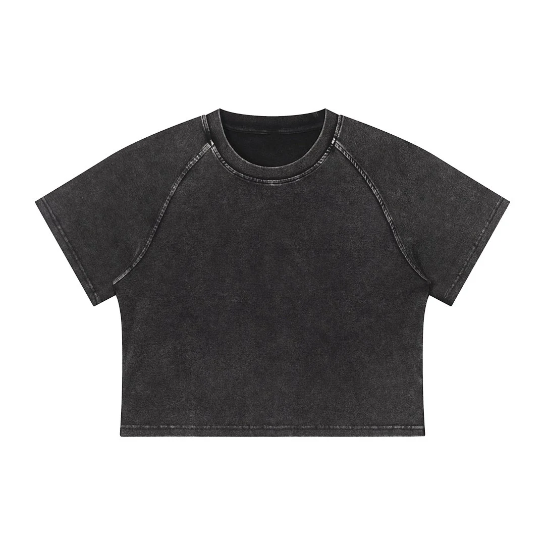 Cropped raglan crew-neck tee · 25008 · Black · Front · Base garment photograph