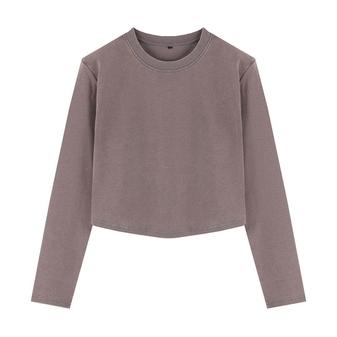 Curved-hem cropped crew-neck long-sleeve tee · 2641 · Dark grey · Front · Base garment photograph