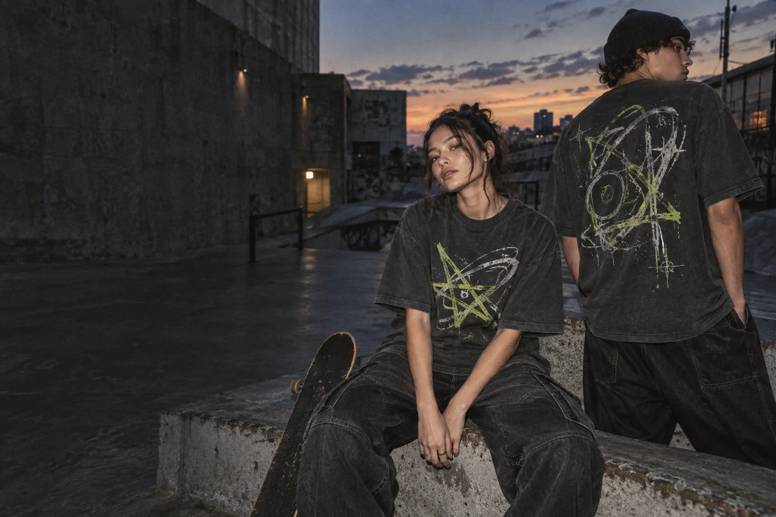 Personal graphic streetwear in a concrete courtyard