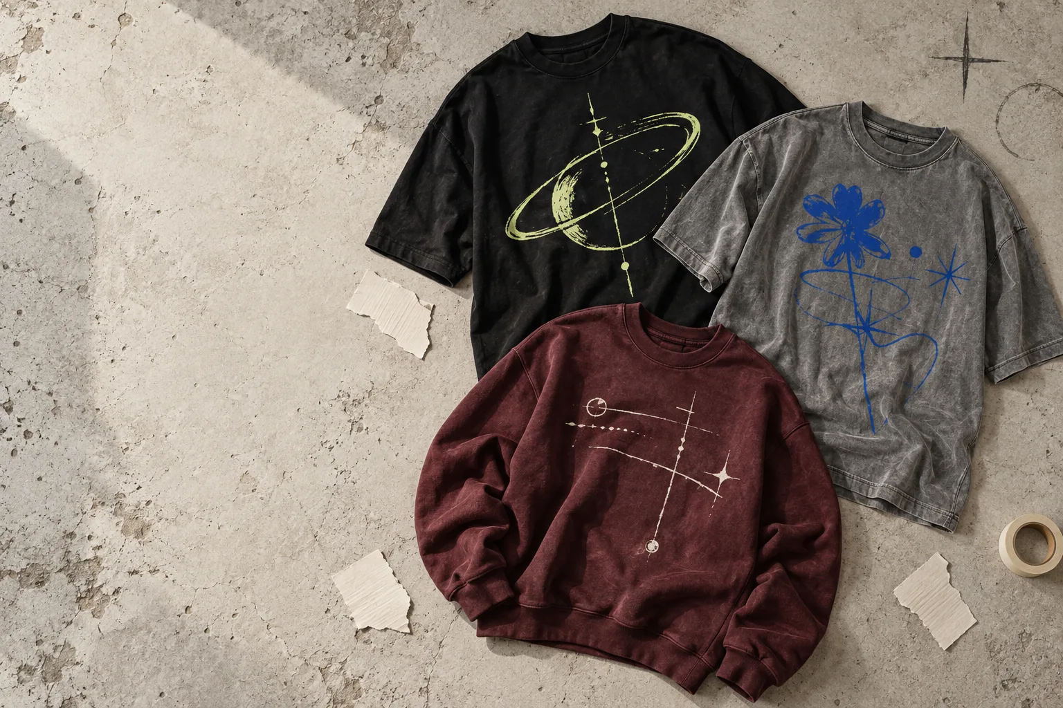 Three individual graphic garments laid out together