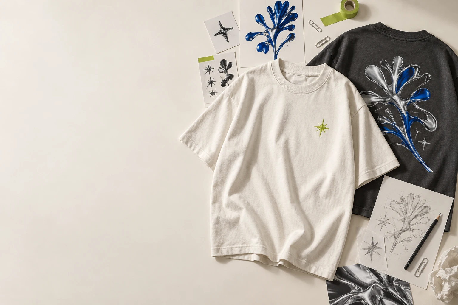Light and dark graphic T-shirts with creative materials on an atelier tabletop