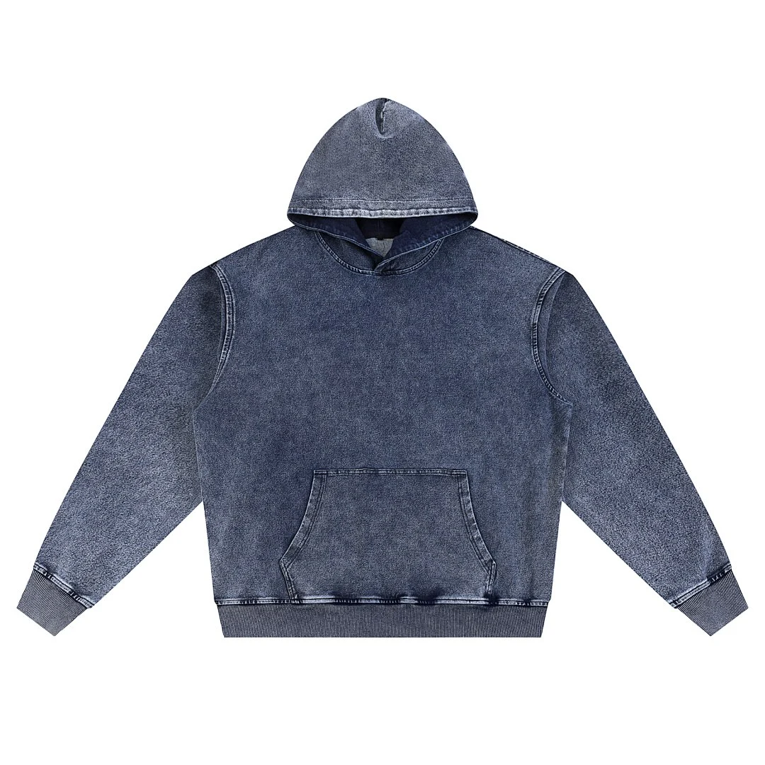 Washed denim pullover hoodie · KB-03 · Sapphire blue · Front · Base garment photograph